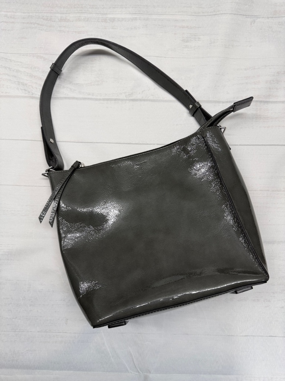 All Saints Kita Ash Gray Patent Leather Shoulder Bag Purse - Picture 2 of 10